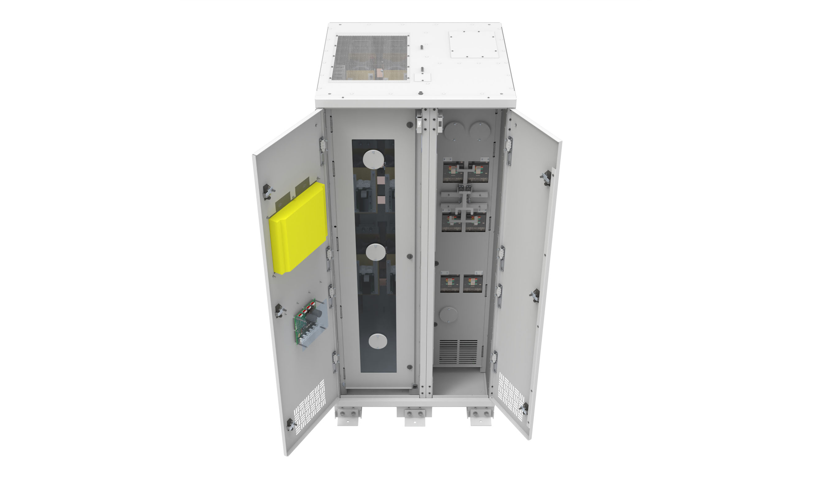 250 A 480 V 3-Pole LayerZero Power Systems Static Transfer Switch with the Outer Doors Open 