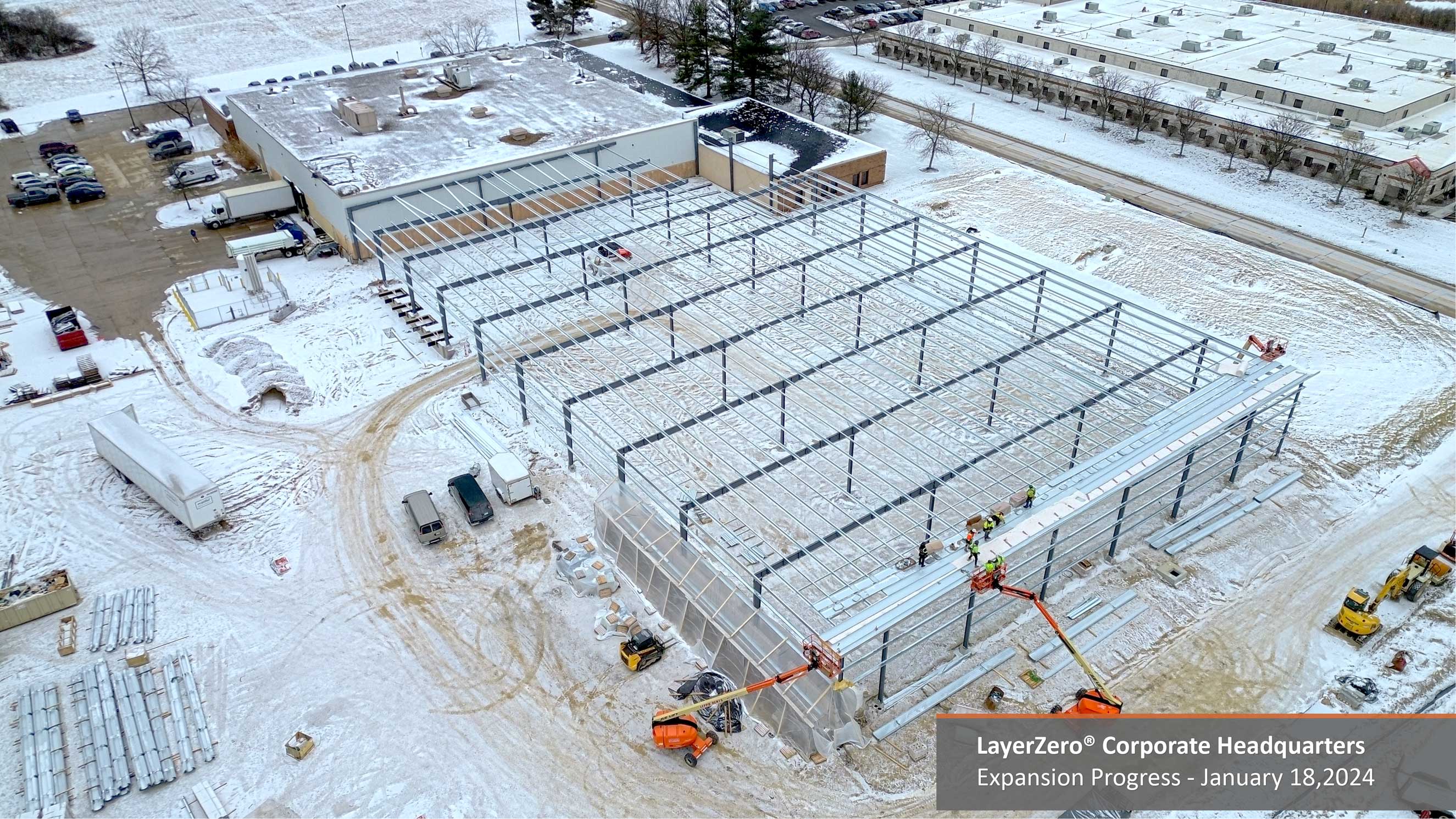 The roof is being installed at the LayerZero Expansion Project