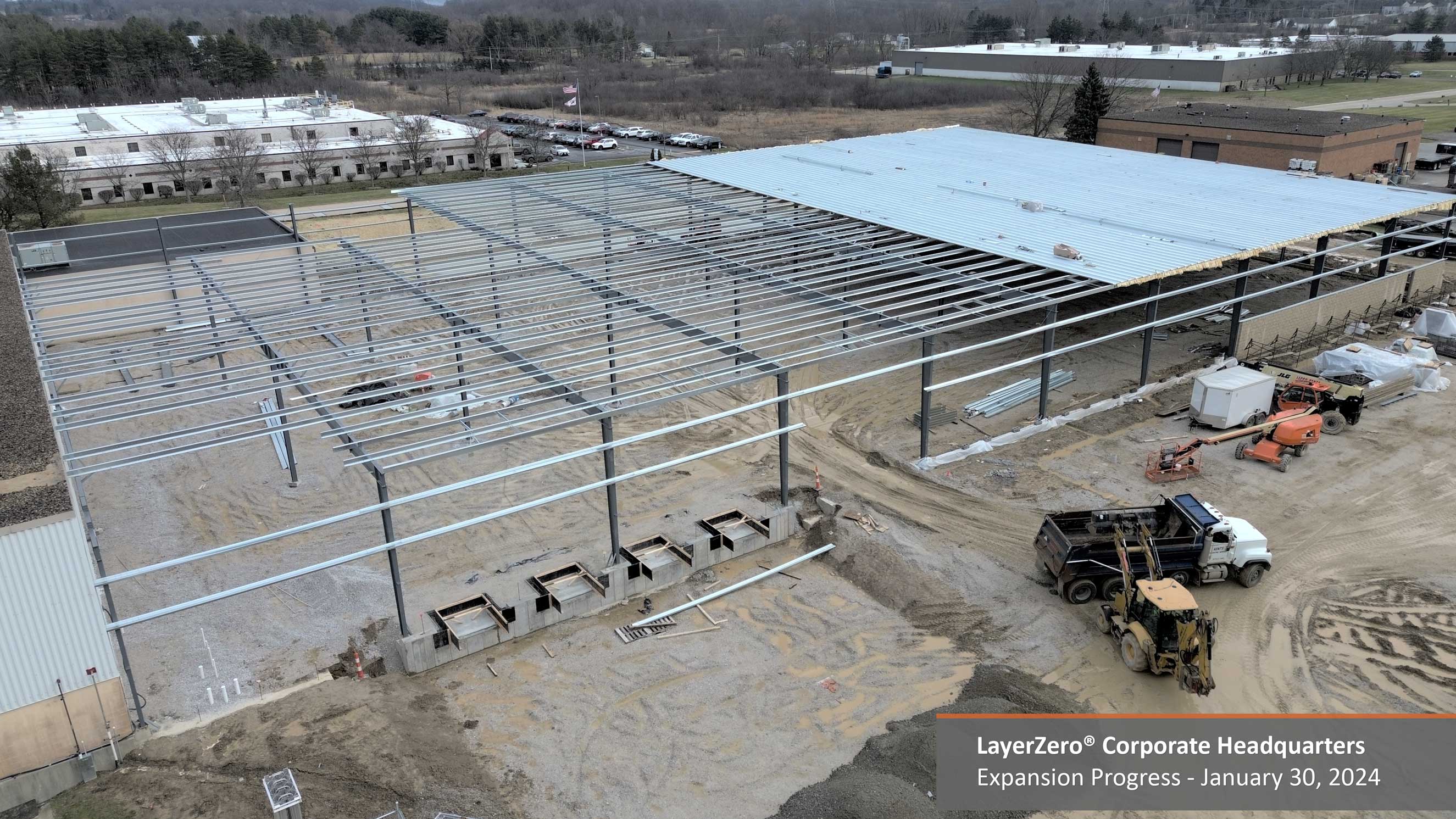 Roof installation progress continues at the LayerZero Expansion Project