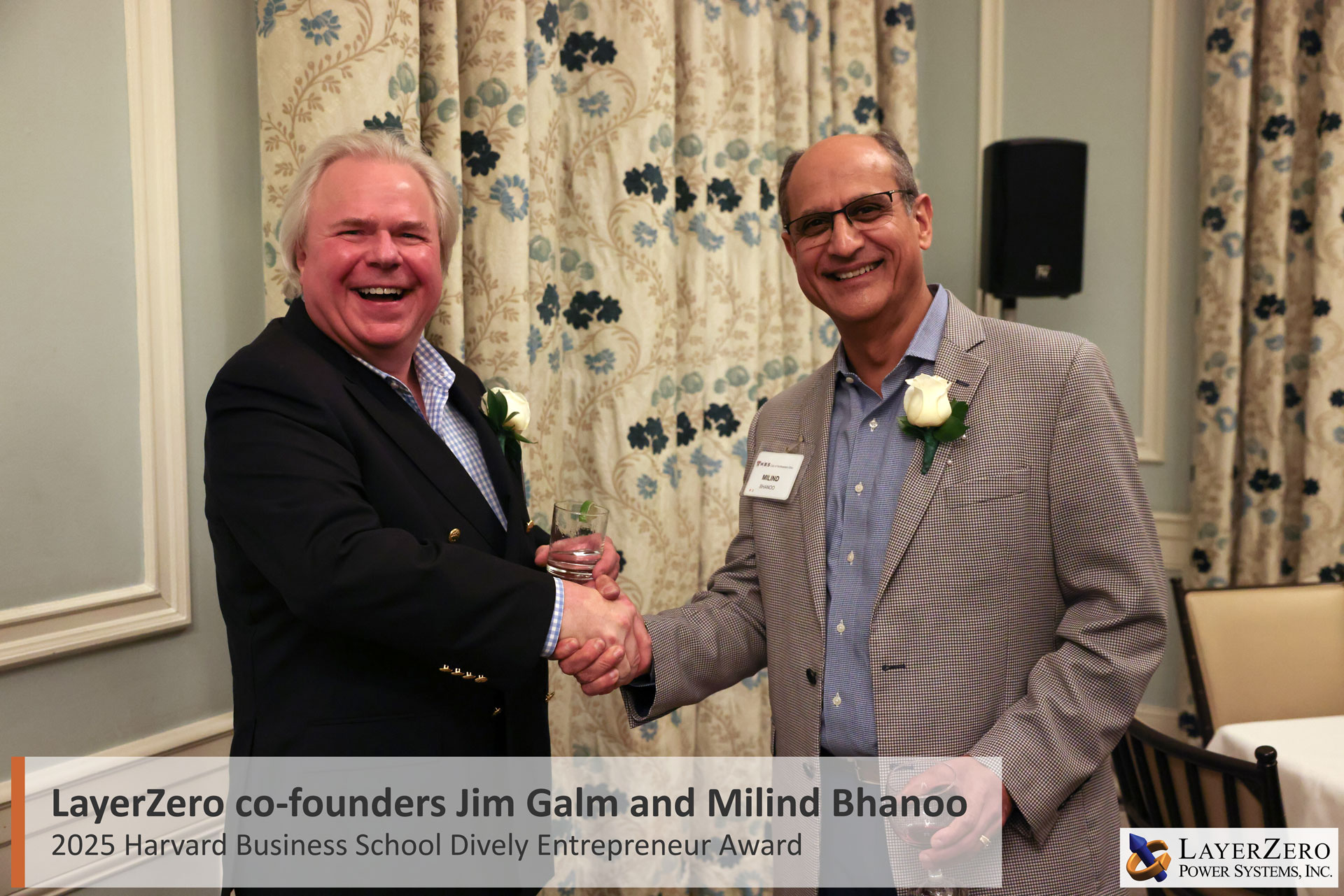 LayerZero co-founders Milind Bhanoo and Jim Galm receiving the Dively Entrepreneur Award from Harvard Business School of Northeast Ohio