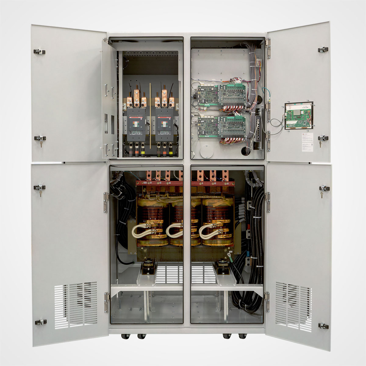 The LayerZero Series 70 ePODs: Type-X Power Distribution Unit (PDU) with Front Outer Doors Open.