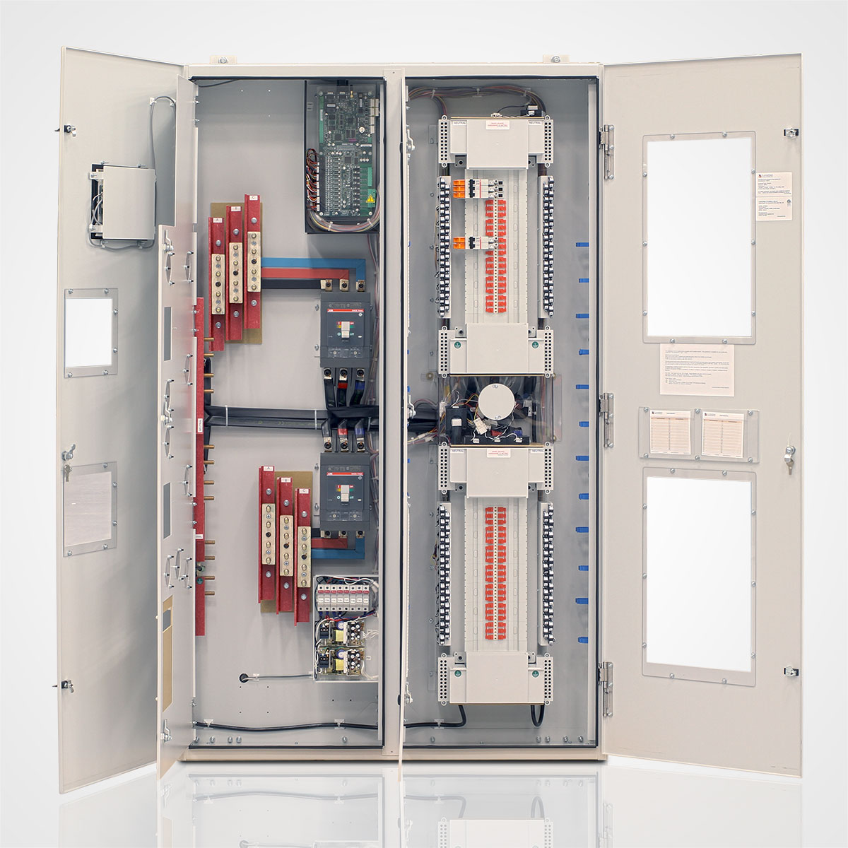 The LayerZero Series 70: ePanel-2 Wall-Mounted Power Panel with the Dead Front Doors Open.