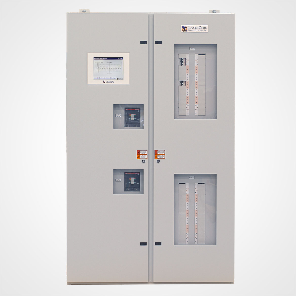 The LayerZero Series 70: ePanel-2 Wall-Mounted Power Panel with the Doors Closed.