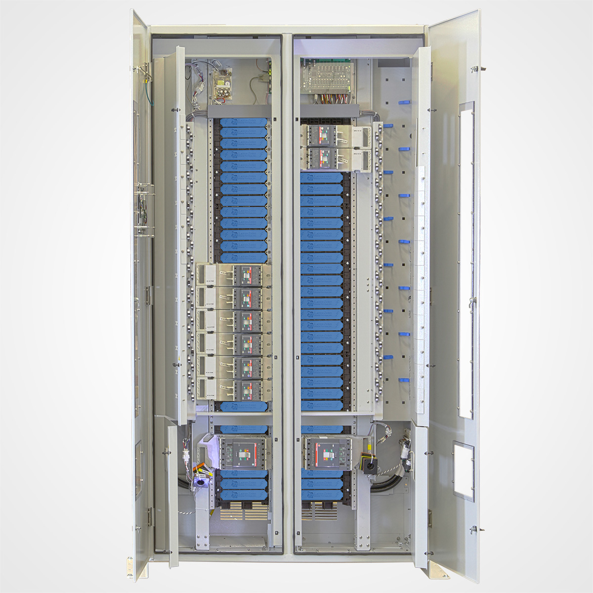 The LayerZero Series 70: ePanel-HD2 High Density Power Panel with the Dead Front Doors Open.