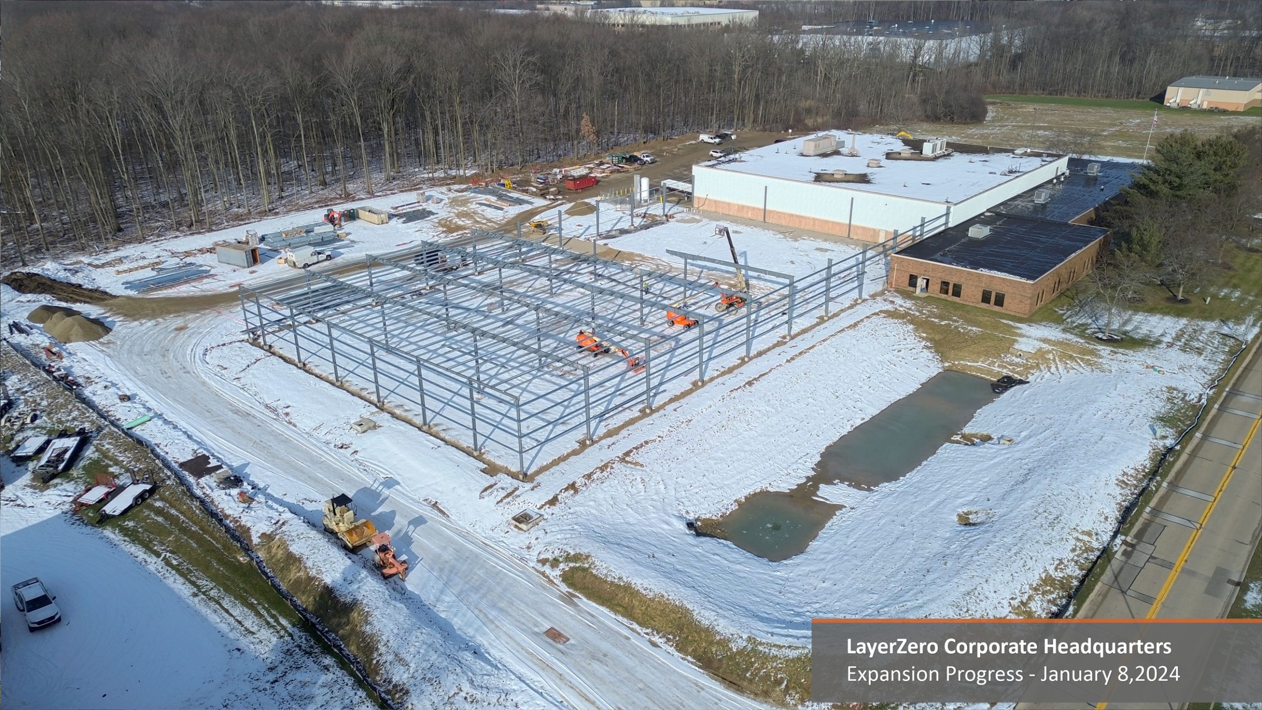 The skeletal frame of the expansion at LayerZero® headquarters rises.