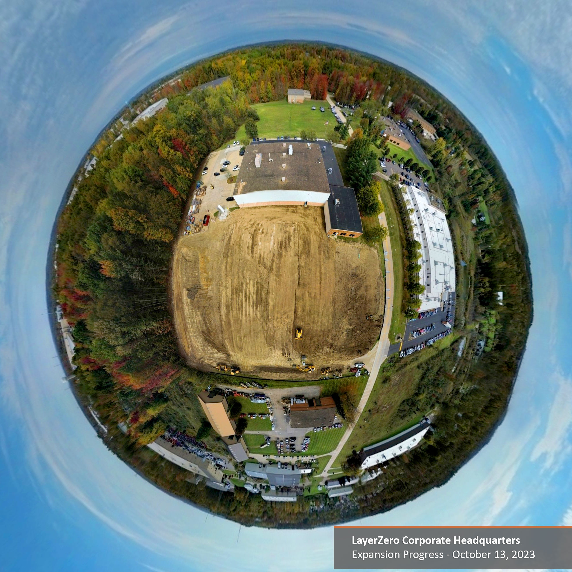 360-degree aerial view of LayerZero headquarters expansion site at Danner Drive