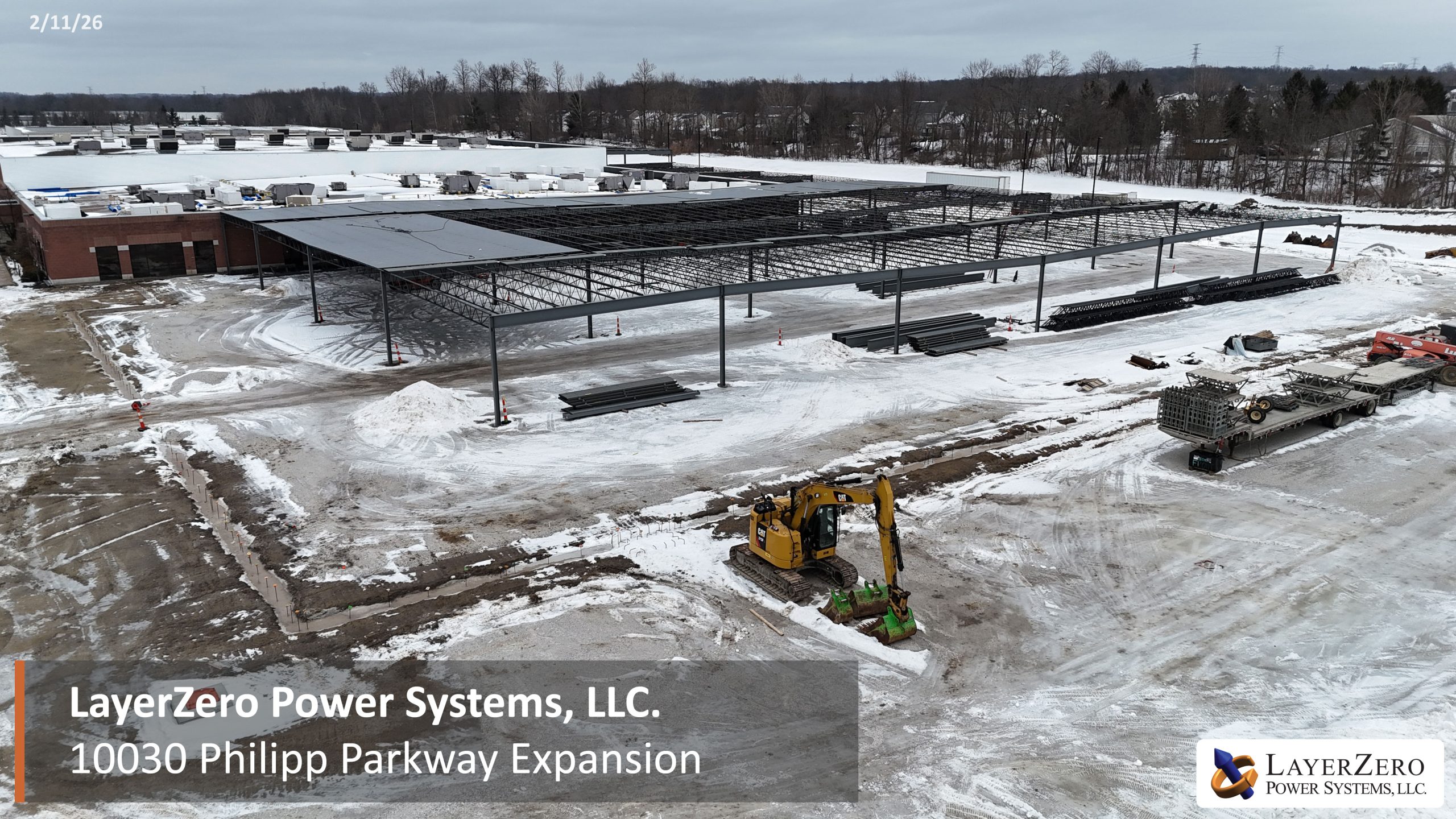 Aerial view of steel canopy structure installation at LayerZero Power Systems, LLC 10030 Philipp Parkway facility expansion in winter conditions.