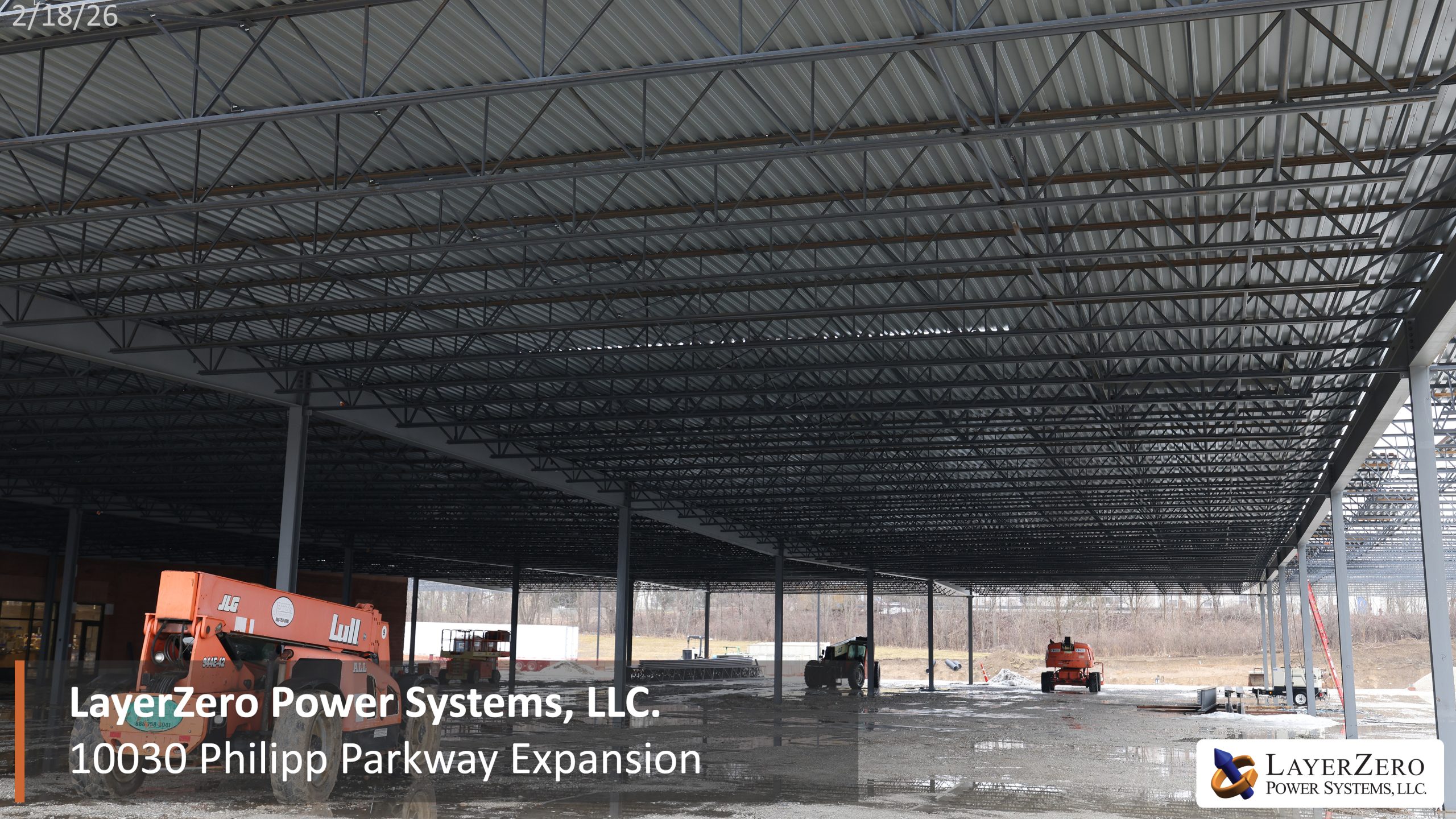 Interior steel framing and roof deck installed at LayerZero Power Systems expansion