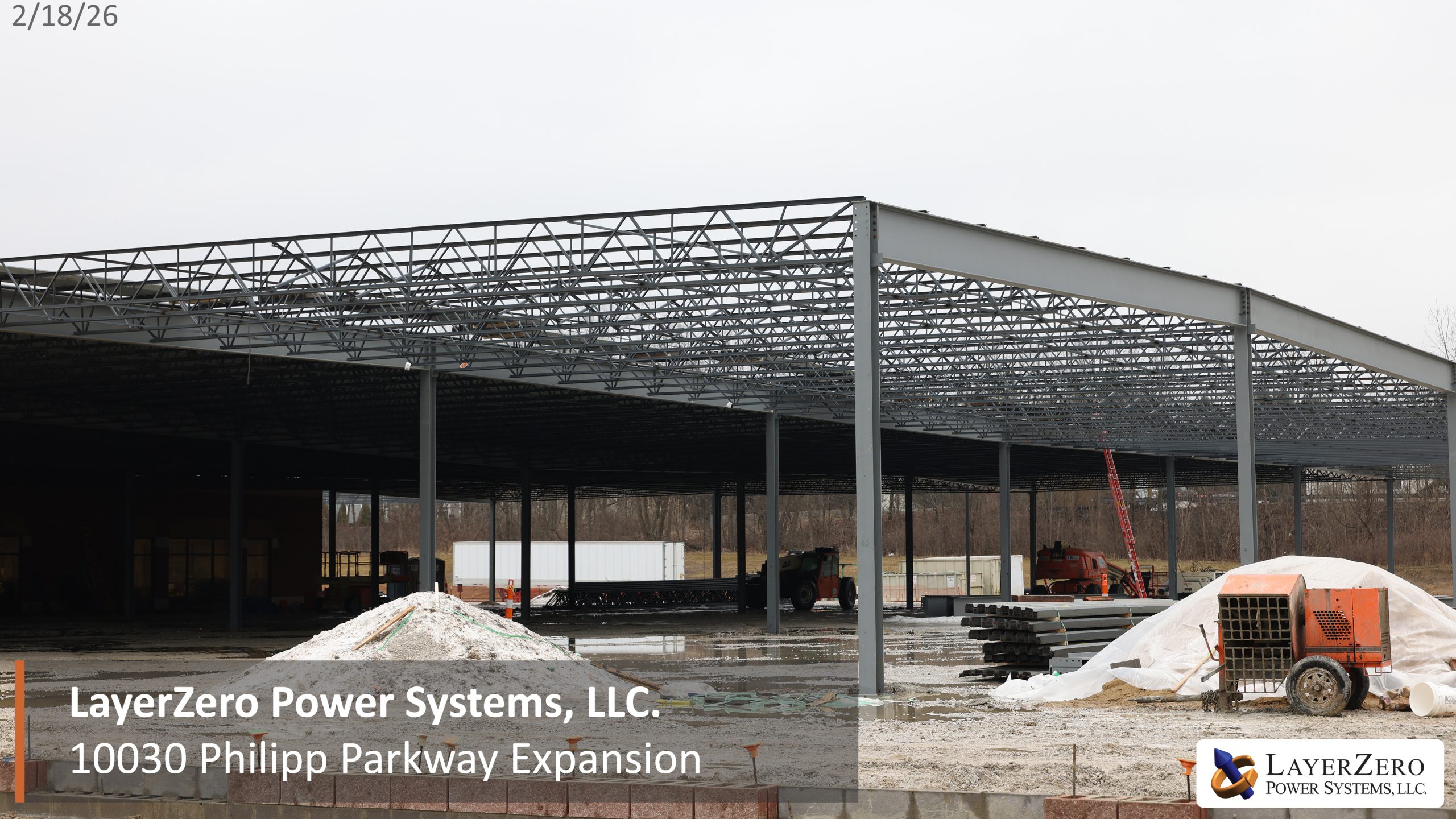 Steel framing and roof structure under construction at LayerZero Power Systems expansion
