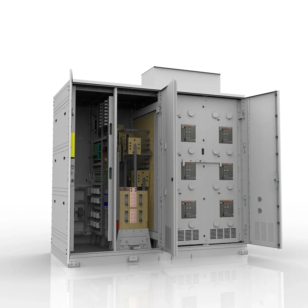 Robust outer doors protect internal assemblies while allowing secure, convenient access for maintenance