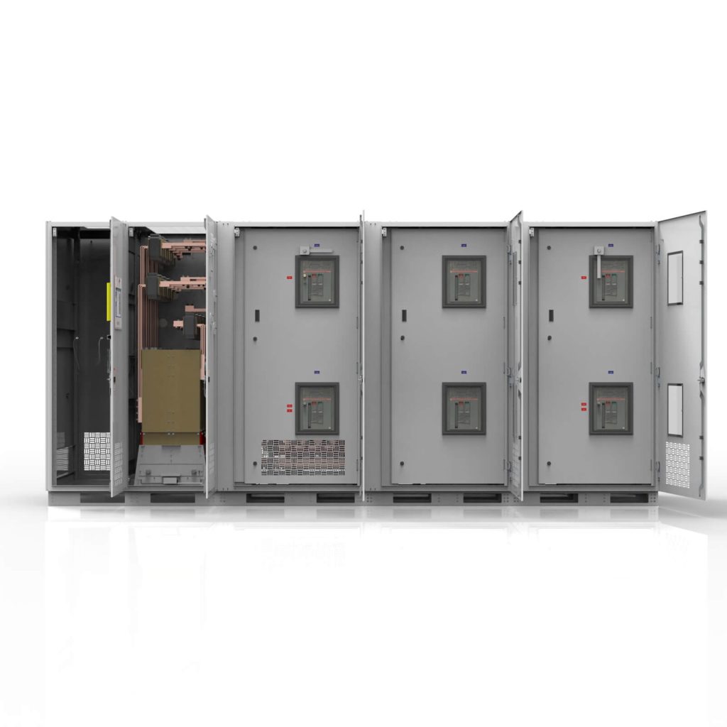 Interior view of a LayerZero® Series 70 web-Enabled Static Transfer Switch (eSTS) showing breaker bays, power bus, and control compartments in a 3000A system