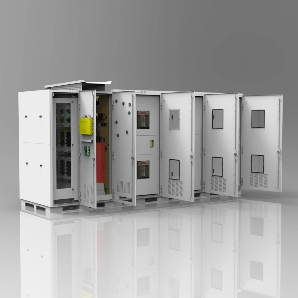 A LayerZero Power Systems, LLC., large, white industrial electrical enclosure, specifically a 4000A 480V 3-Pole eSTS unit. The unit features multiple vertical bays with all outer doors swung open, revealing internal safety panels, two large vertically stacked circuit breakers in the center, yellow control components on the left, and distribution panels on the right.