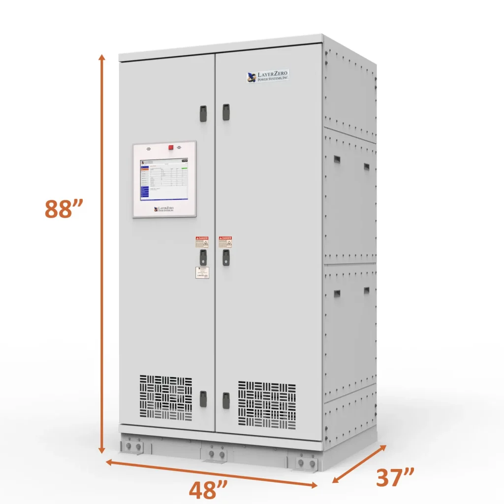 LayerZero® 120–208V 3-pole eSTS cabinet showing 88-inch height, 48-inch width, and 37-inch depth