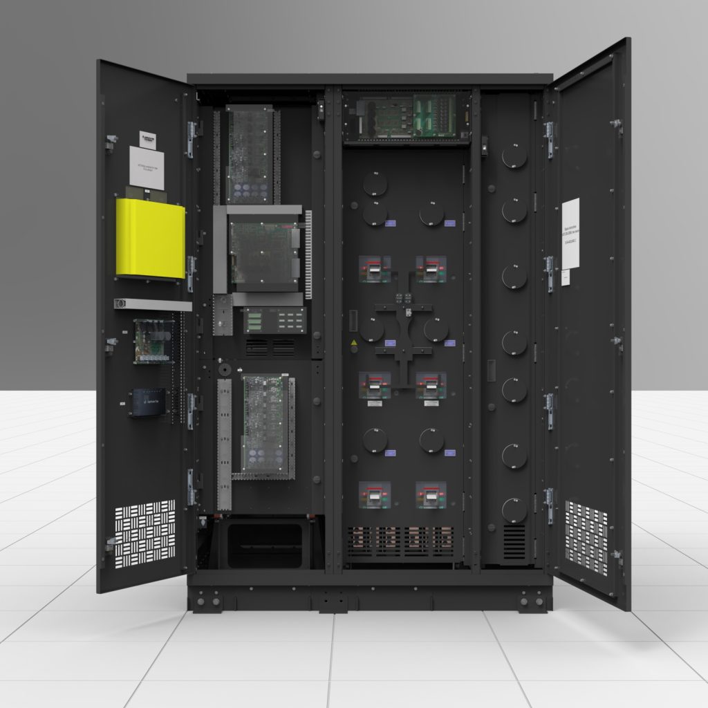 LayerZero® Series 70 web-Enabled Static Transfer Switch (eSTS) in black finish installed on raised data center floor tiles