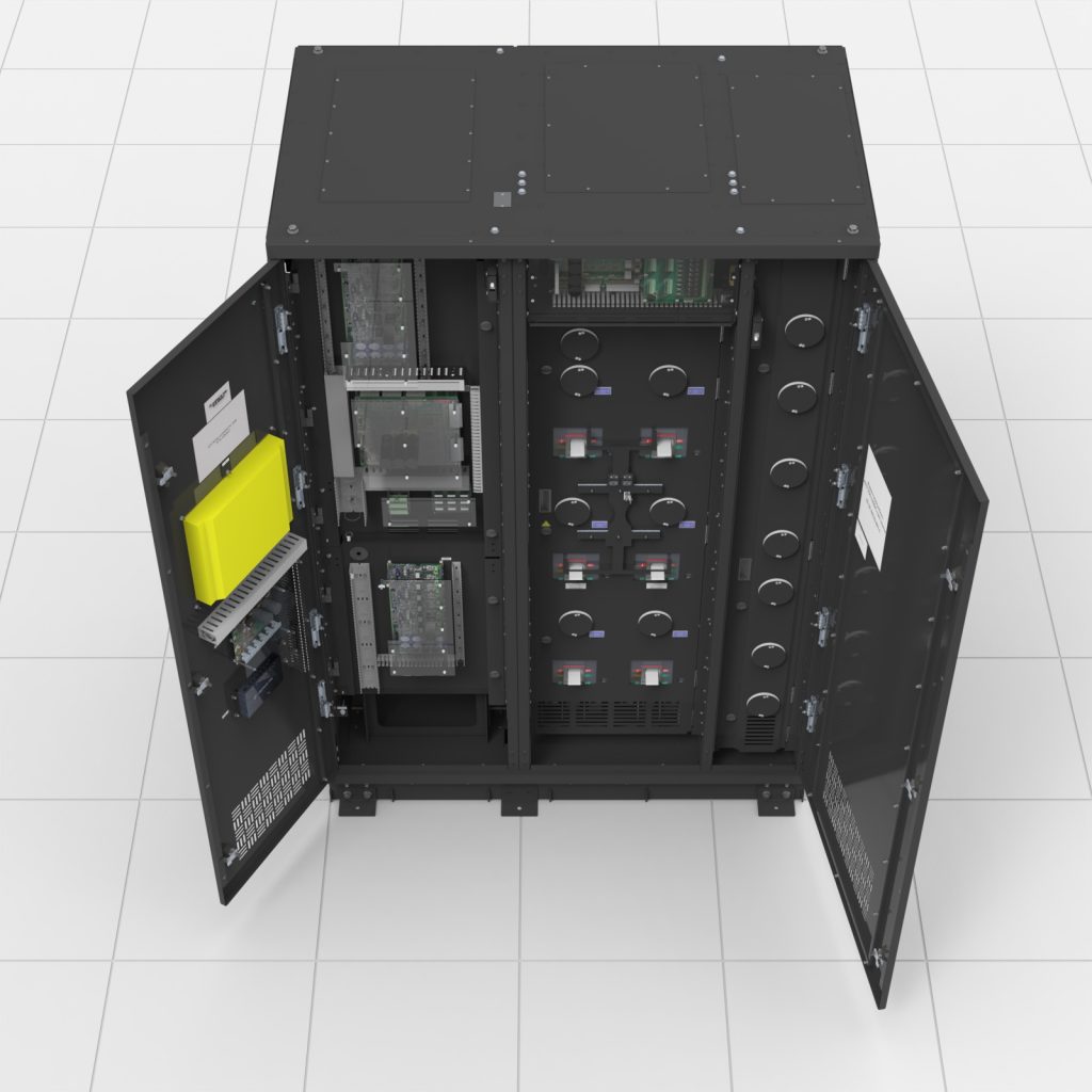 Top view of a LayerZero® Series 70 web-Enabled Static Transfer Switch (eSTS) in black finish installed on raised data center floor tiles