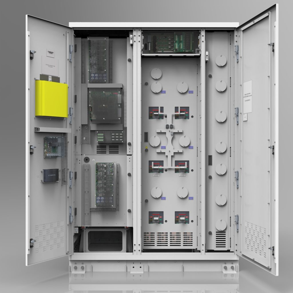Interior view of a LayerZero® Series 70 web-Enabled Static Transfer Switch (eSTS) in black finish with doors open showing internal power and control sections