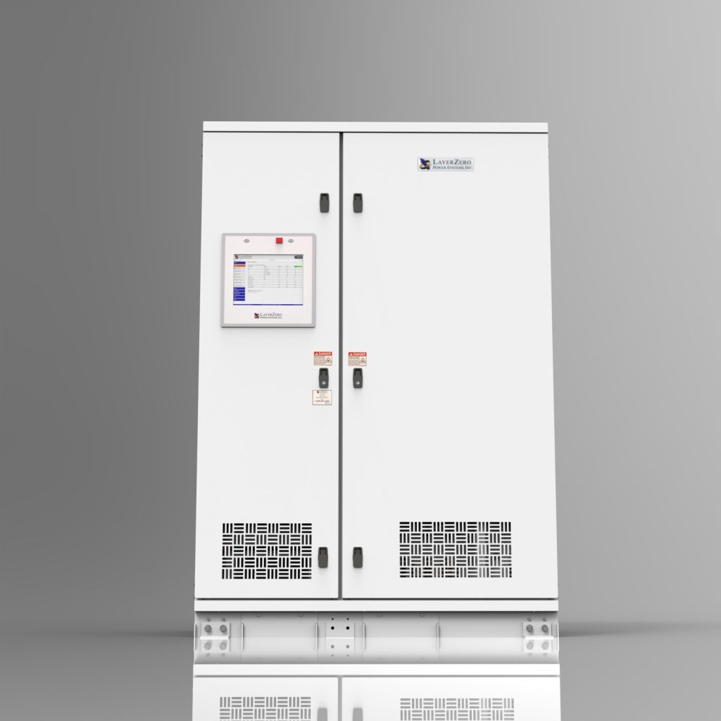 LayerZero® Series 70 web-Enabled Static Transfer Switch (eSTS) in gray finish shown in an exterior front-angle view
