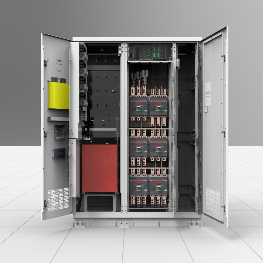 Interior view of a LayerZero® Series 70 web-Enabled Static Transfer Switch (eSTS) in gray finish with doors open showing internal power and control components