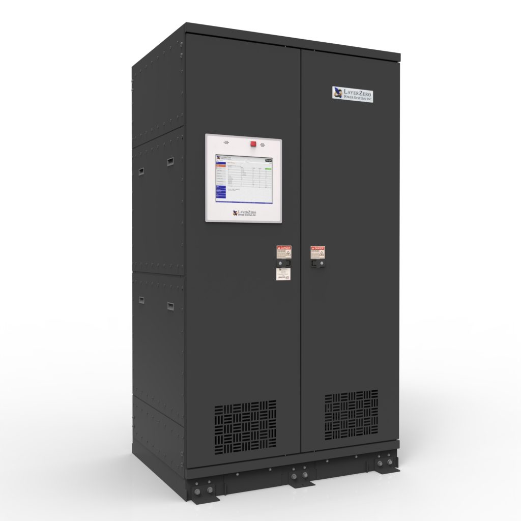 LayerZero® Series 70 web-Enabled Static Transfer Switch (eSTS) in black finish shown in a front-angle exterior view with integrated touchscreen interface