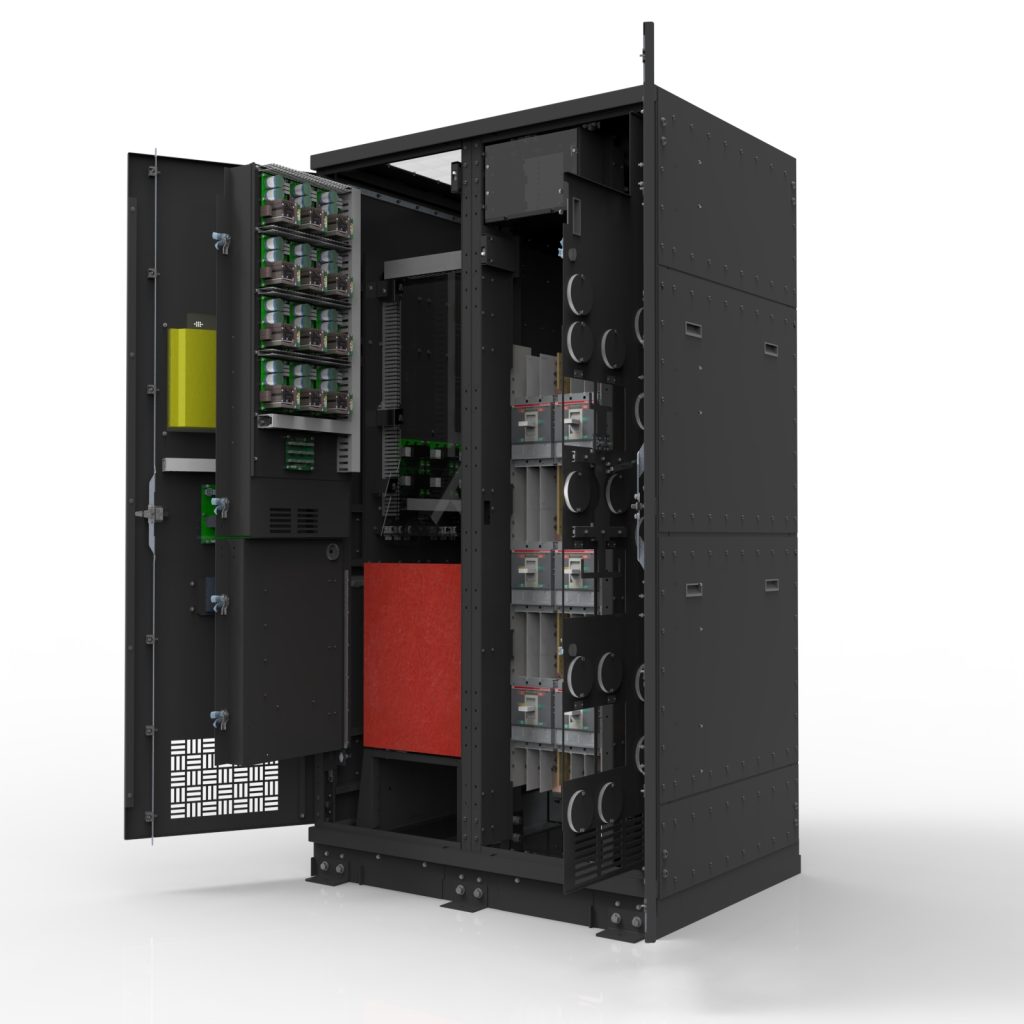 Interior view of a LayerZero® Series 70 web-Enabled Static Transfer Switch (eSTS) in black finish with doors open showing internal power and control architecture