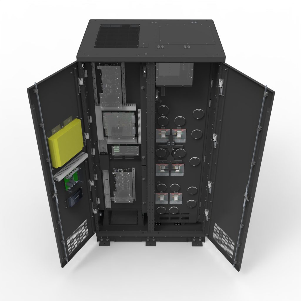 Top-down interior view of a LayerZero® Series 70 web-Enabled Static Transfer Switch (eSTS) with cabinet doors open showing internal layout and component separation