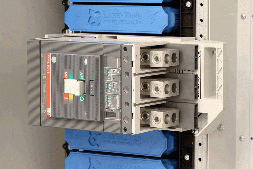 Circuit breaker installed into LayerZero® SafePanel with insulated terminal compartments and finger-safe bus protection