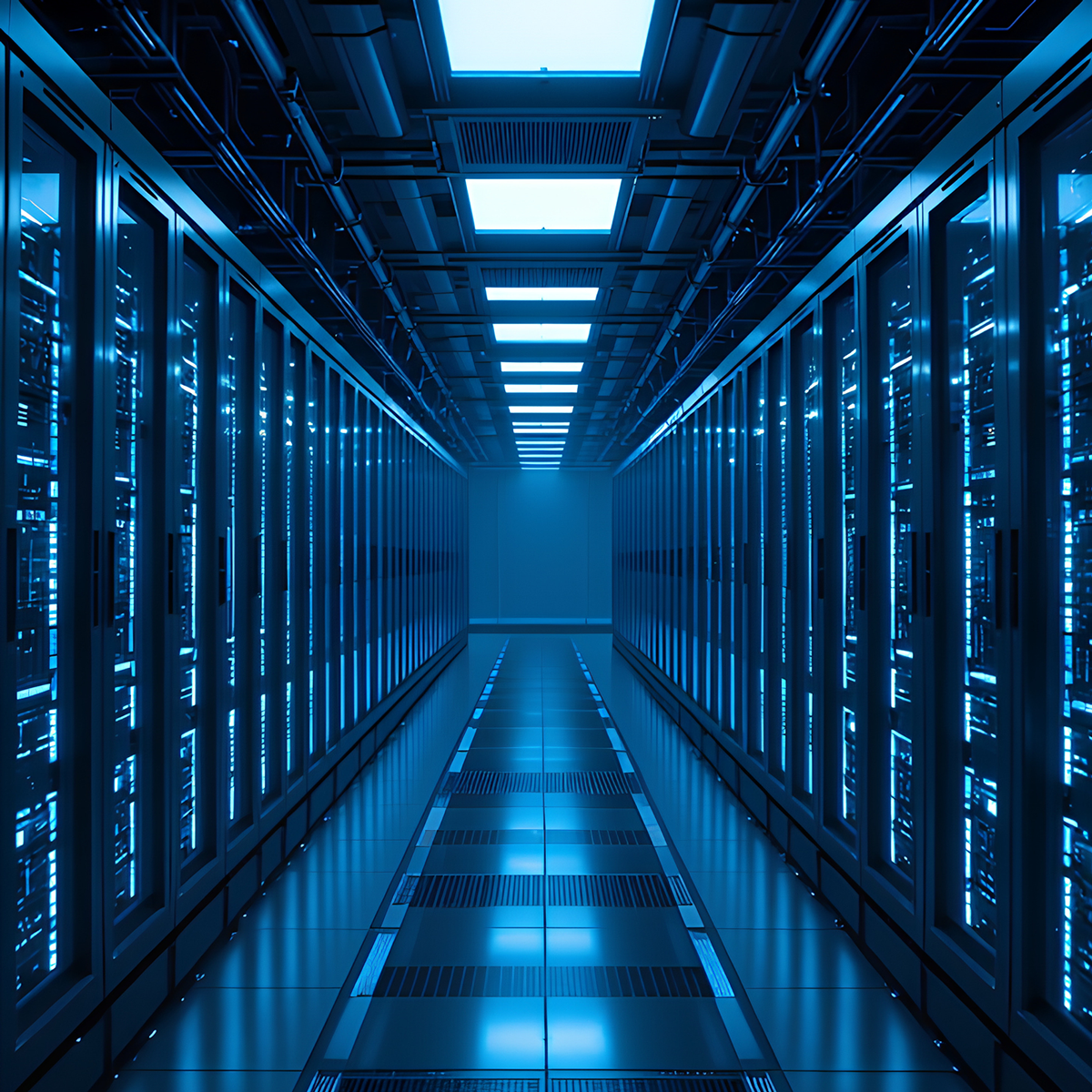 Modern data center server aisle with illuminated racks in a secure, high-availability computing environment.