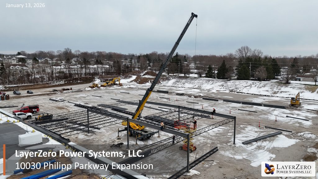 Crane-assisted steel joist installation at the LayerZero Power Systems Philipp Parkway expansion in Aurora, Ohio, January 2026.