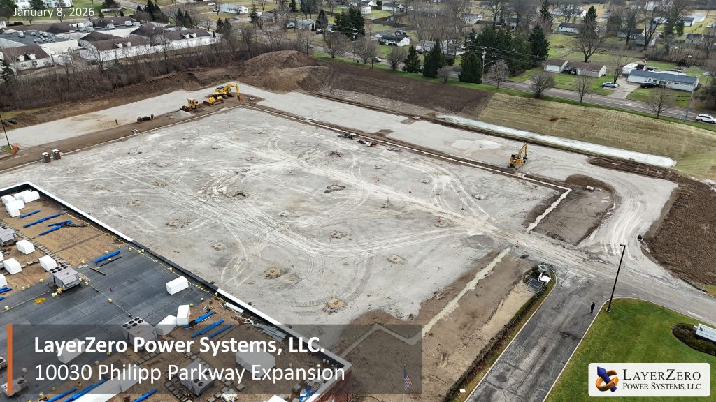 Aerial view of foundation preparation and grading at the LayerZero Power Systems Philipp Parkway expansion site in Aurora, Ohio, January 2026.