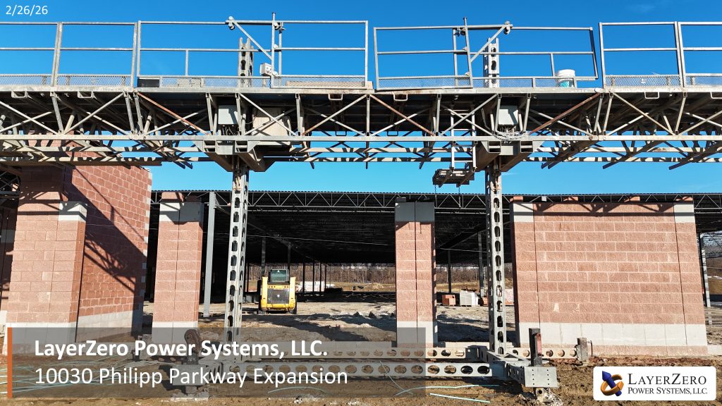 Steel framing and masonry wall bays at the LayerZero Power Systems Philipp Parkway expansion.