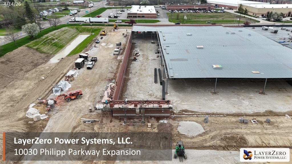LayerZero Power Systems facility expansion at 10030 Philipp Parkway showing aerial view of new brick wall construction and roof extension in progress