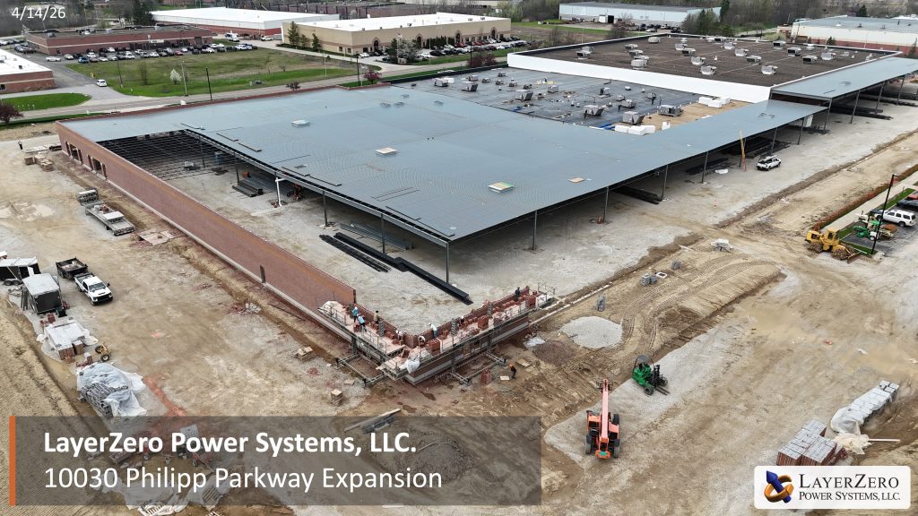 Aerial overview of LayerZero Power Systems facility expansion with roof structure and exterior wall progress at Philipp Parkway