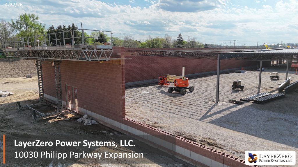 LayerZero Power Systems expansion steel framing and masonry wall construction in progress