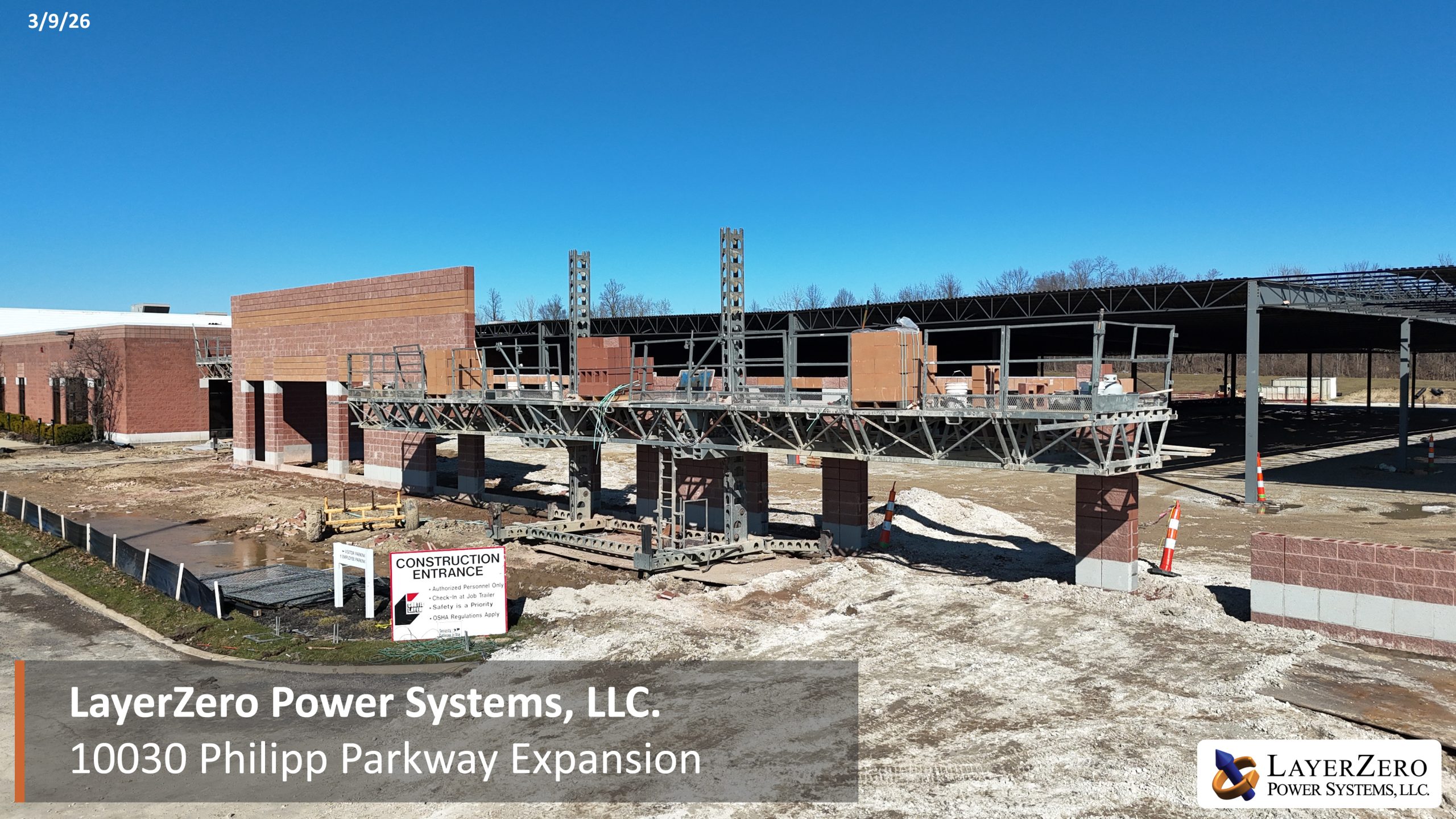 Front view of the LayerZero Power Systems Philipp Parkway expansion rising masonry walls