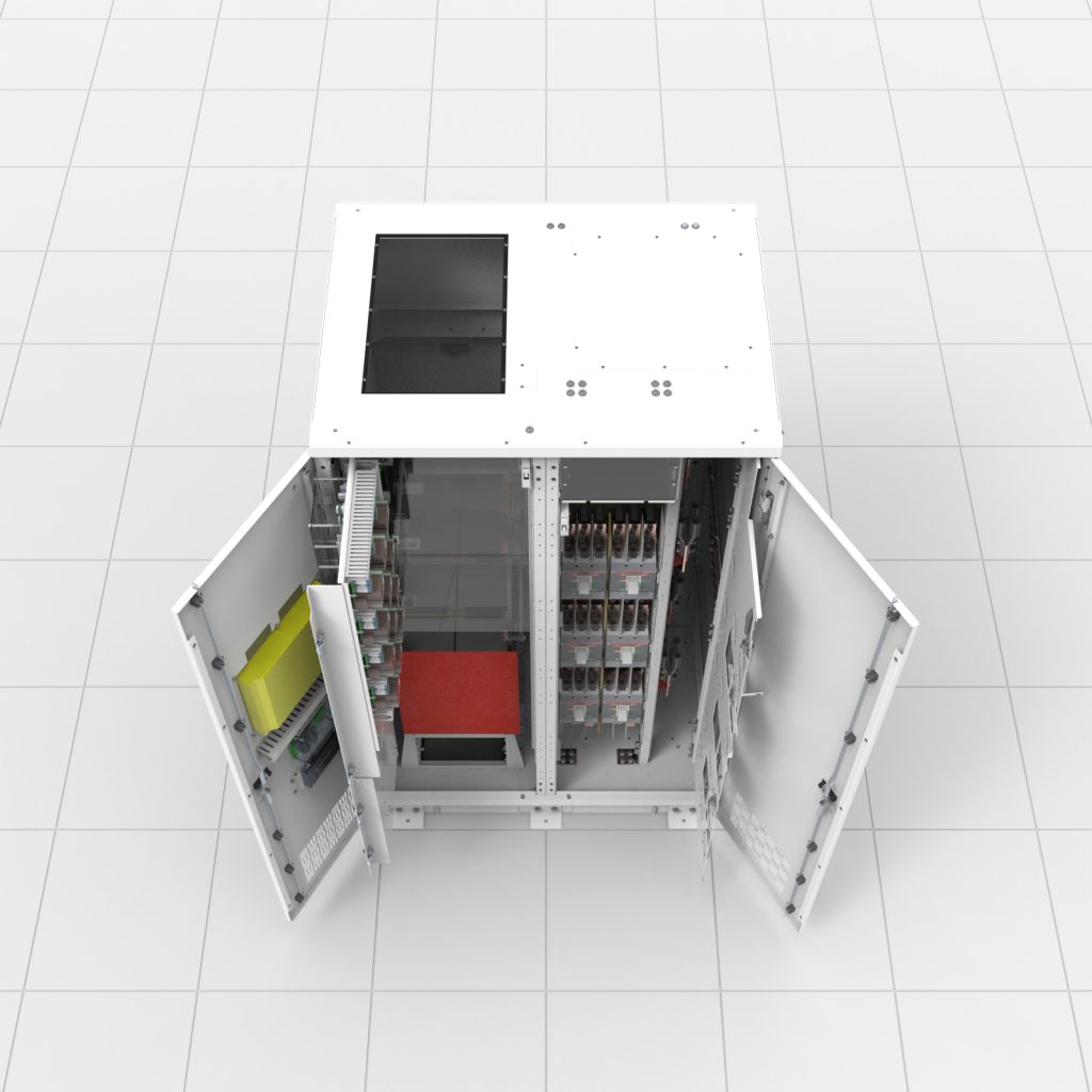 Open LayerZero® eSTS cabinet showing internal power components and buswork from top-down view