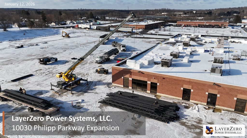 Aerial view of steel staging and crane operations at the LayerZero Power Systems Philipp Parkway expansion in Aurora, Ohio, January 2026.