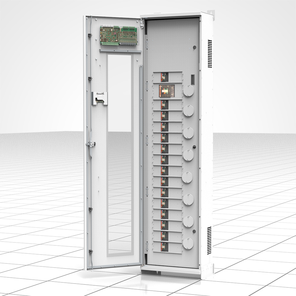 A light grey LayerZero Power Systems, LLC. ePanel-HD1 with its outer door swung open. The interior reveals a central "dead front" panel featuring a vertical column
