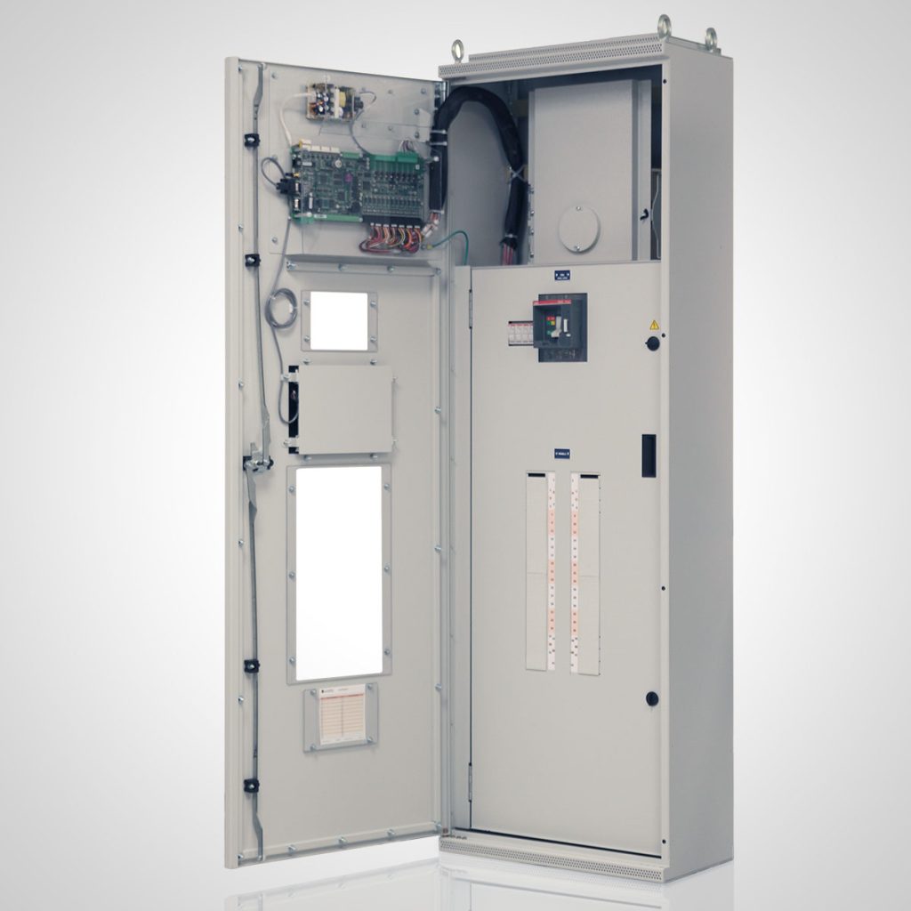 ePanel SL-1 power distribution panel with outer door open showing internal components and front-access layout