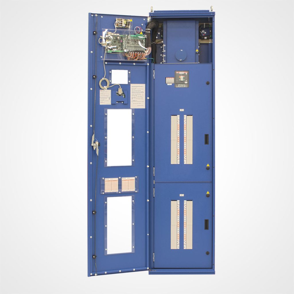 An open LayerZero eRPP-SL2 blue power panel showing a complex internal layout with circuit boards, wiring, and two large vertical panels containing numerous terminal blocks or fuse slots.