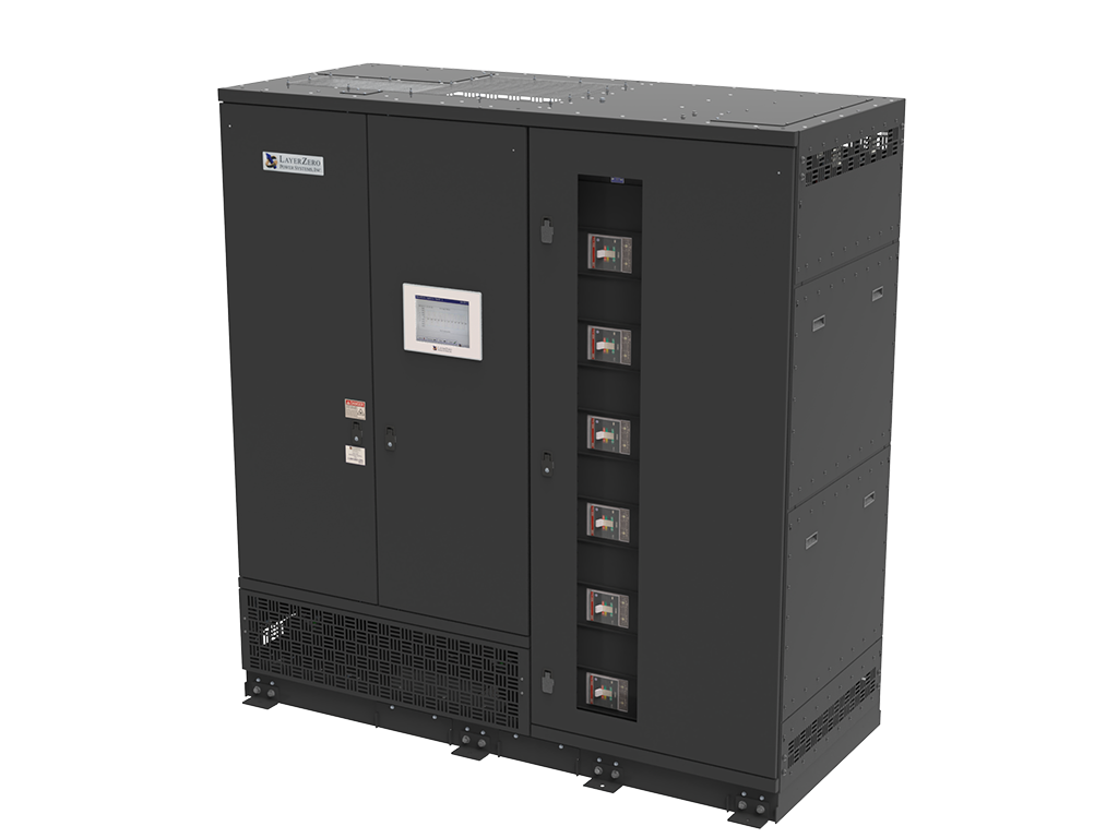 LayerZero® power distribution unit with dual-door enclosure and front touchscreen display.
