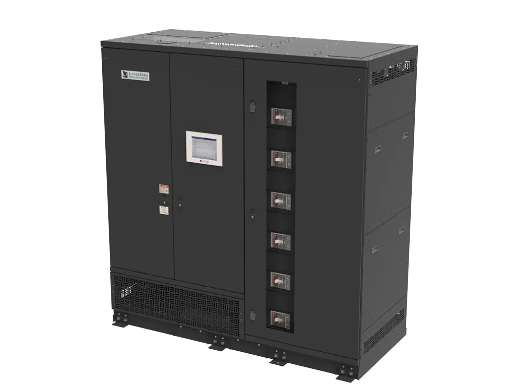 LayerZero® power distribution unit with dual-door enclosure and front touchscreen display.