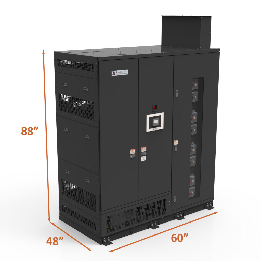 LayerZero Power Systems ePODs 750 kVA power distribution unit with fixed subfeeds showing overall dimensions