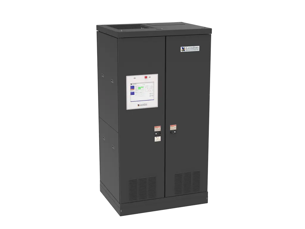 LayerZero® static transfer switch cabinet with touchscreen monitoring interface shown in angled front view.