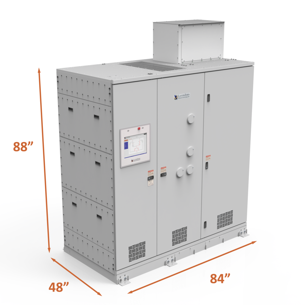 LayerZero® 240/415V 4-pole eSTS cabinet showing 88-inch height, 84-inch width, and 48-inch depth