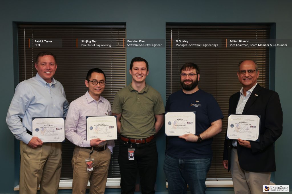 LayerZero Power Systems leadership and software engineering team with Brandon Pike during ESGR recognition event