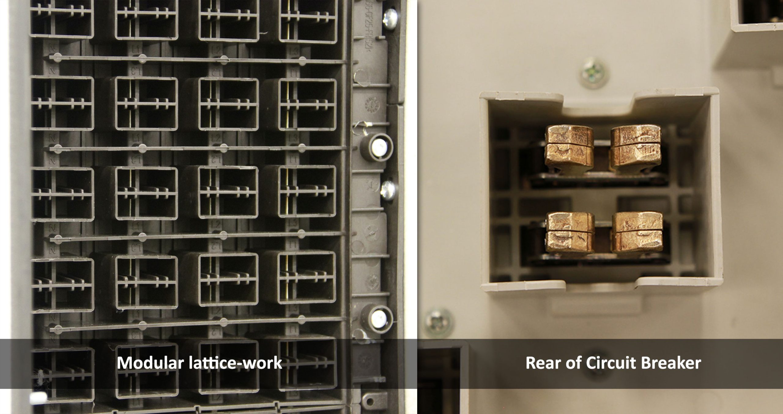 Comparison of modular lattice-style subfeed panel construction versus rear circuit breaker terminations showing conductor isolation and touch-safe design