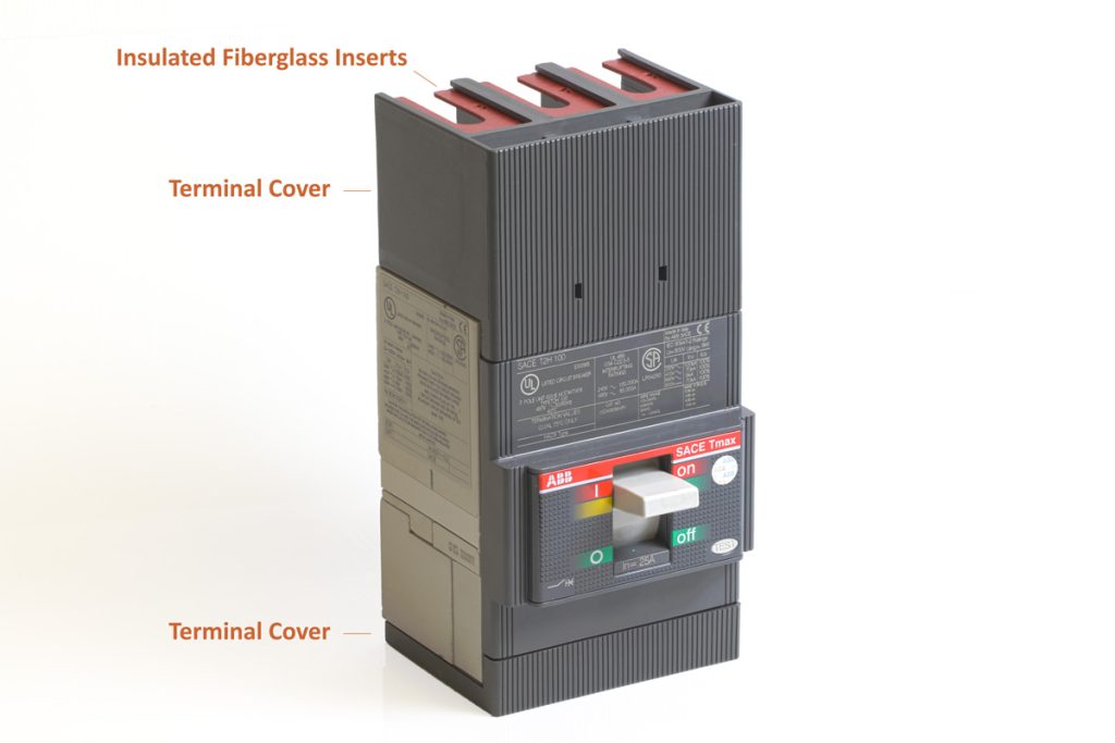 Molded case circuit breaker with insulated fiberglass inserts and terminal covers for enhanced operator safety