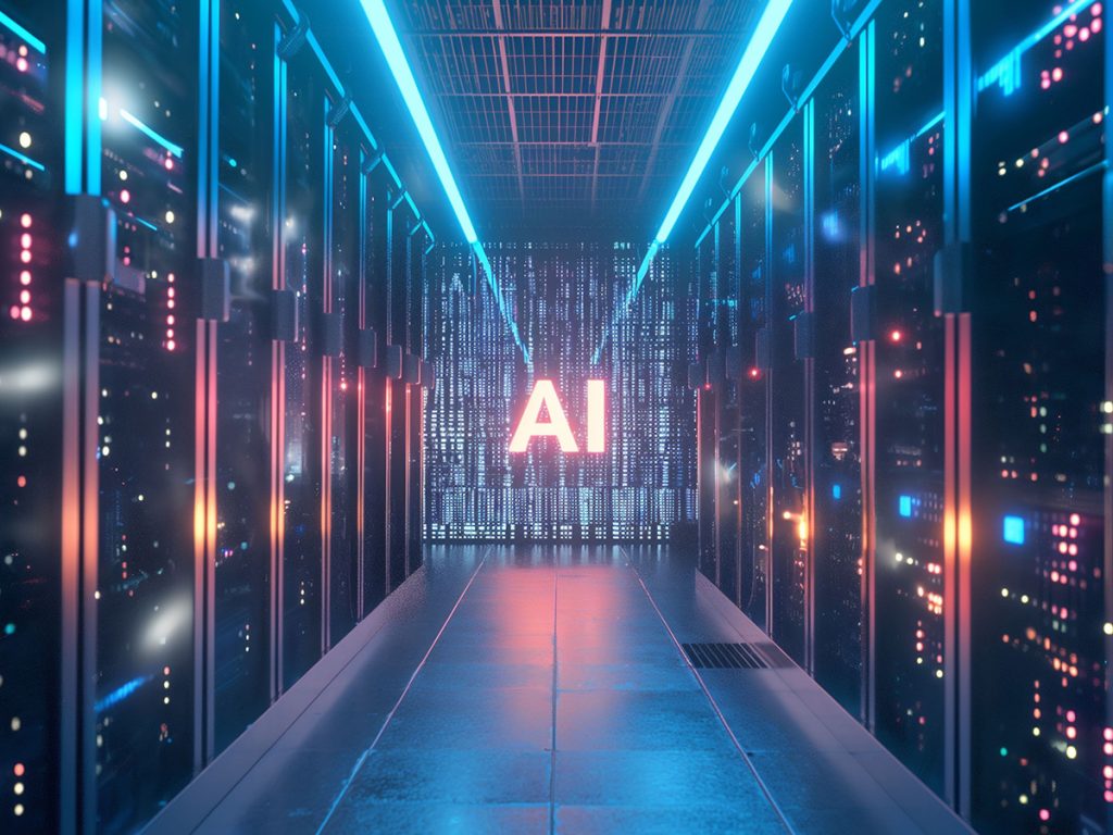 AI data center server aisle representing high-density computing infrastructure and hyperscale digital workloads.