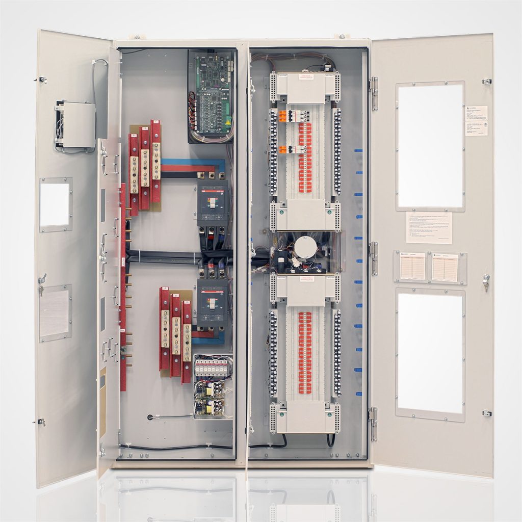 A large, LayerZero Power Systems white ePanel-2 with two main sections. Both outer cabinet doors are swung open as well as the inner dead-front doors. It is showing off the inside of the cabinet including circuit breakers, safe panel, and circuit boards