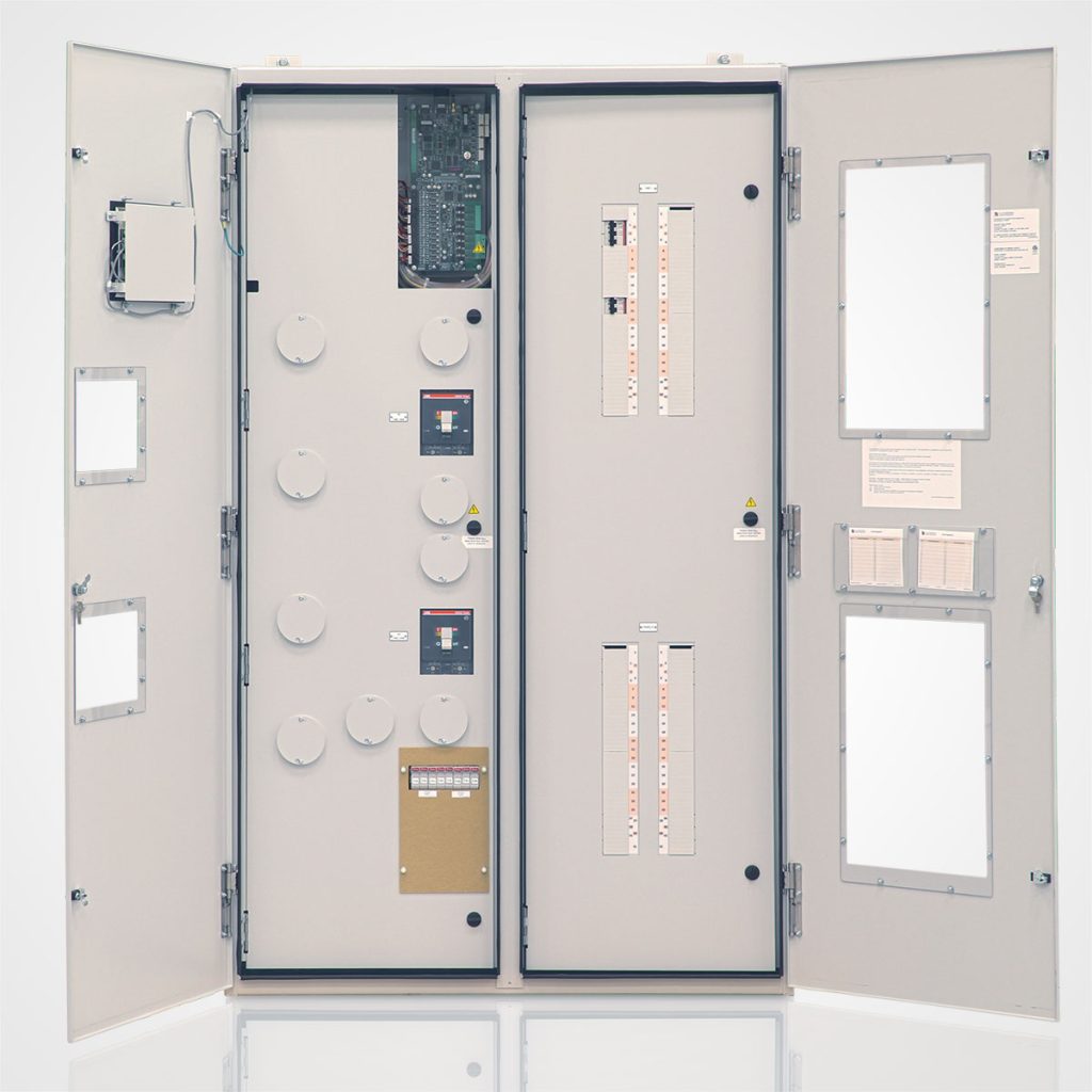 A large, LayerZero Power Systems white ePanel-2 with two main sections. Both outer cabinet doors are swung open, revealing internal dead-front covers, circuit breaker slots, control boards, and several circular knockout points for cabling.